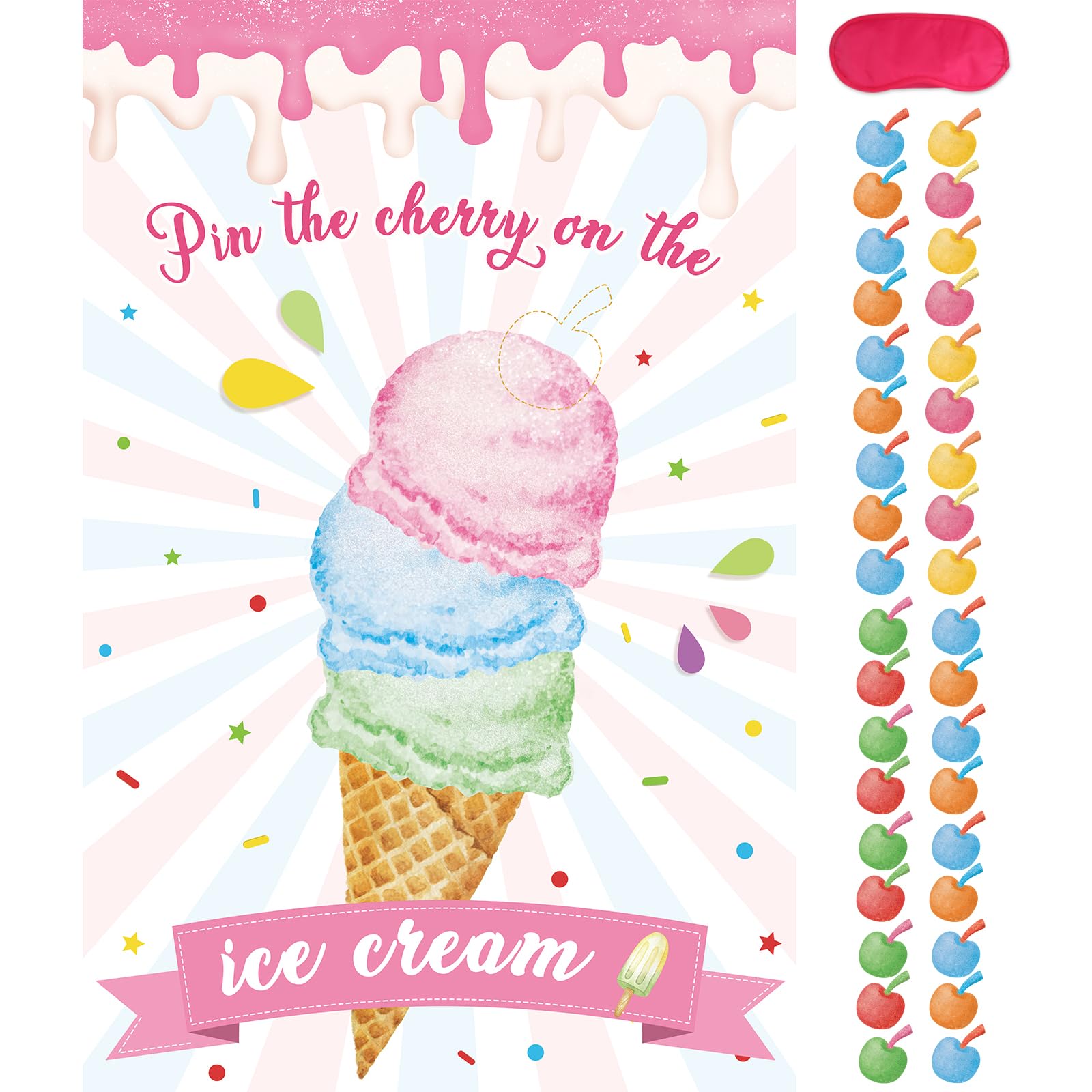 Hooqict Pin The Cherry On The Ice Cream Game Birthday Party Games For Kids Ice Cream Theme Party Decorations Supplies For Girls, Large Ice Cream Poster With 36 Cherry Stickers Wall Decor