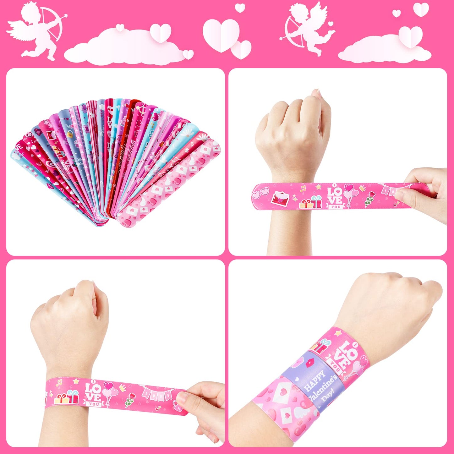 Thuodo 48 Pcs Valentines Day Slap Bracelets with Colorful Hearts for Birthday Gifts for Kids Party Supplies Favors Classroom Exc