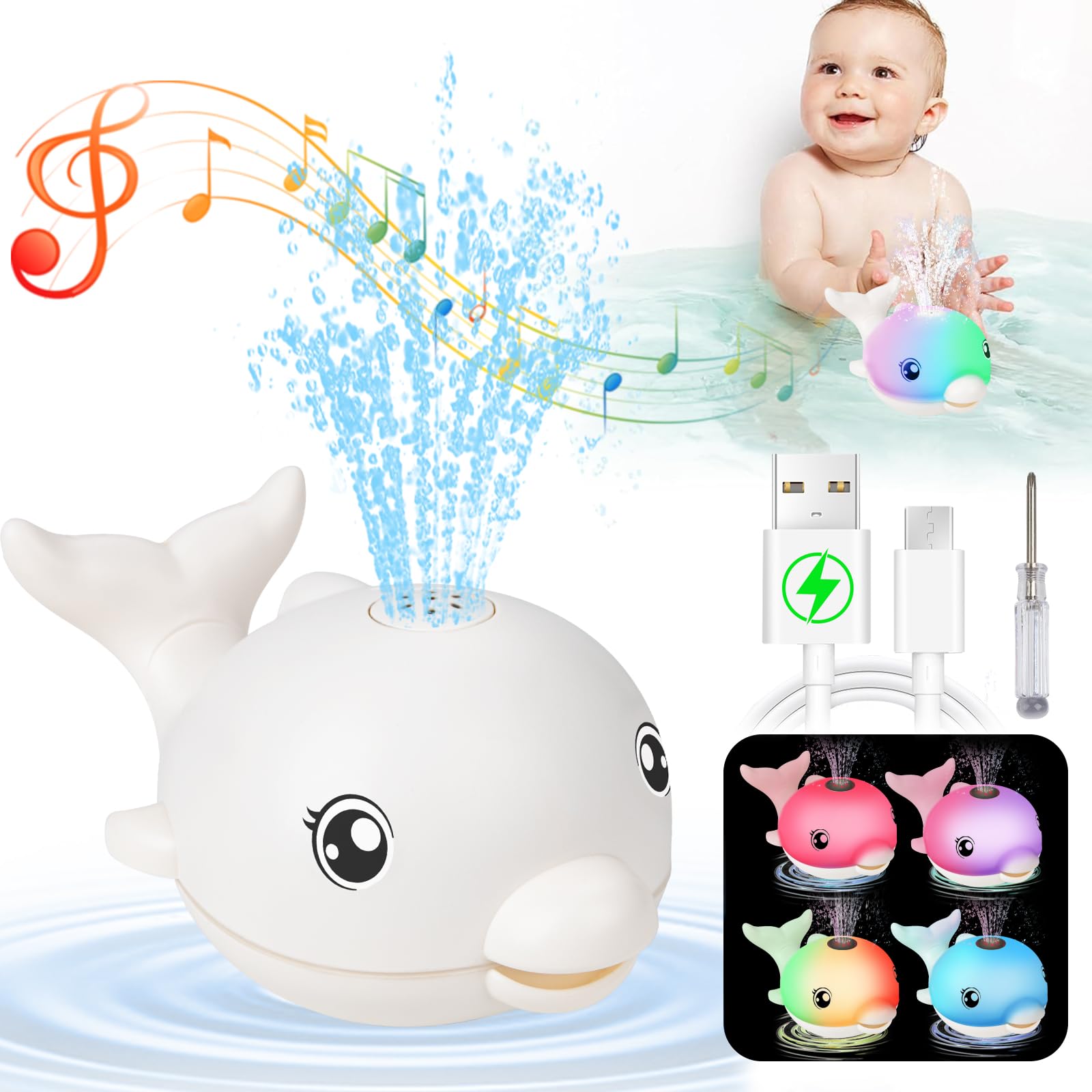 2024 Upgraded Bath Toys, Rechargeable Baby Bath Toys, Dolphin Spray Water Light Up Musical Toys 6-12 12-18 Months, Sprinkler Water Pool Bathtub Toys For Toddlers 1-3 2-4 Boys Girls Infant Kids - White