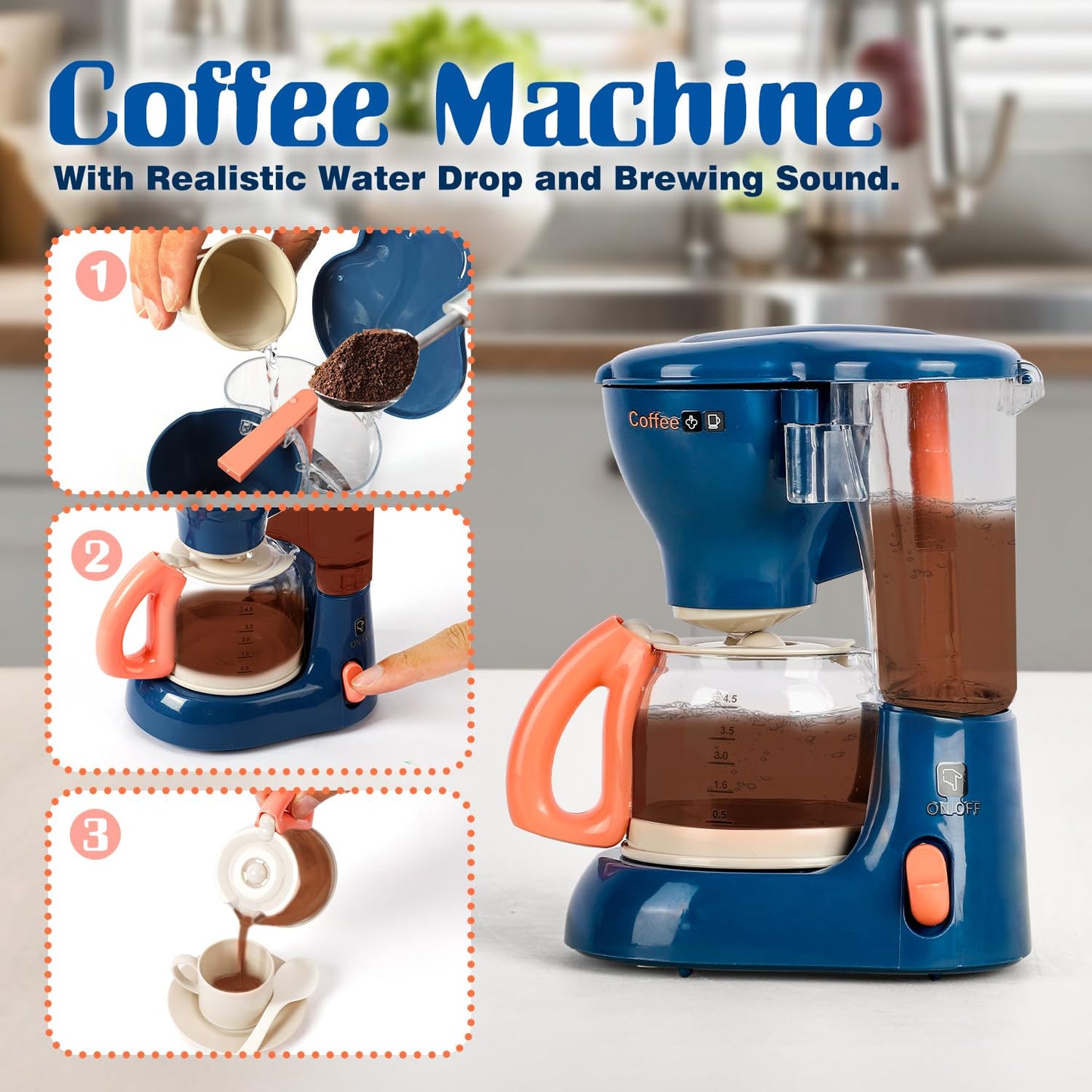 TOY Life Kids Blender Toy, Kids Coffee Maker, Toy Toaster, Toy Kitchen,Play Kitchen Appliances Kids with Light and Sound, Play C