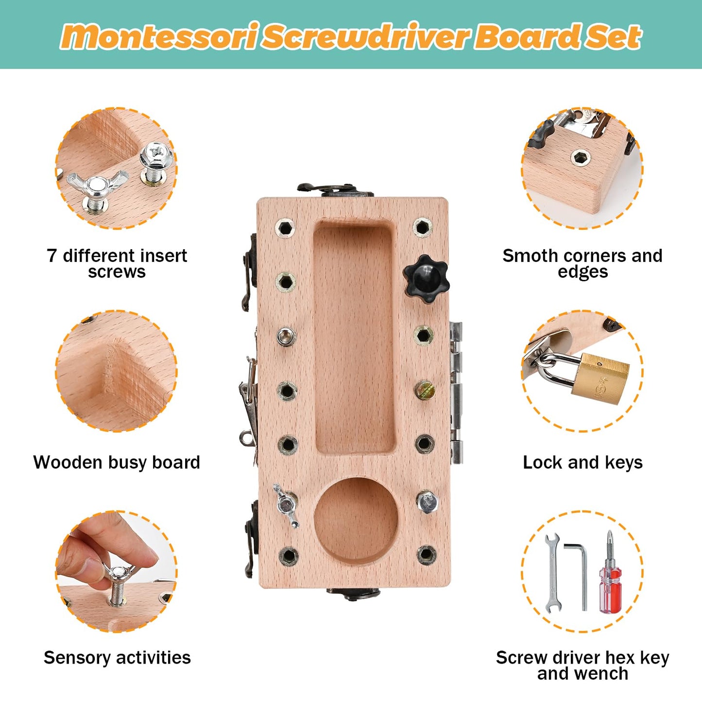 Wooderma Wooden Montessori Toys For 3 4 5 Year Old, Montessori Screwdriver Board Set With Lock And Key Toy, Educational Sensory
