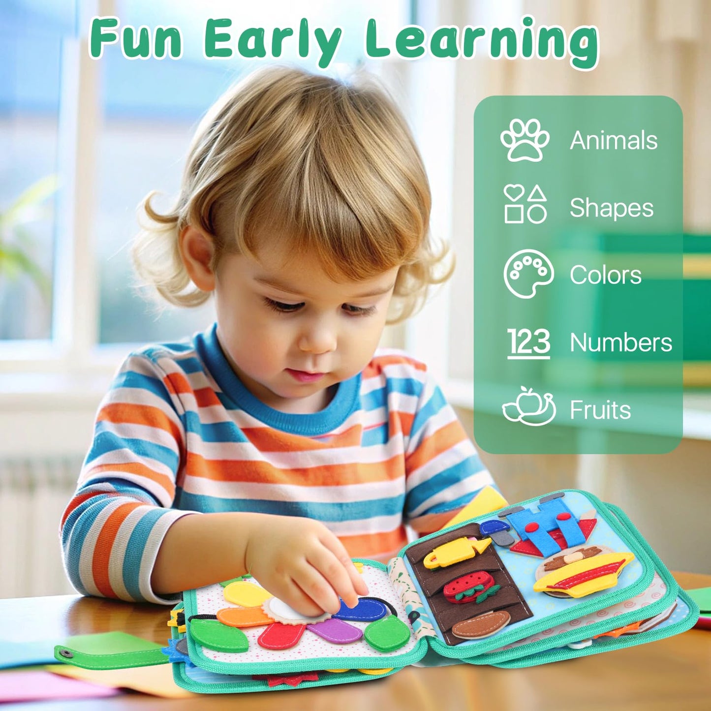 Cobelae Montessori Felt Quiet Book for Toddlers 1-3, Small, Green/Blue/Pink, Busy Board Toy, Sensory Learning Activities