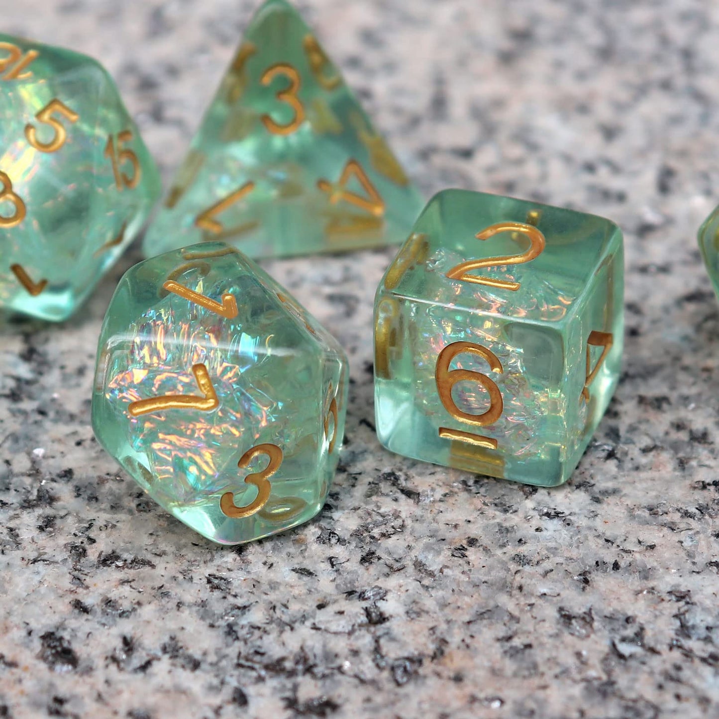 Haxtec Light Green DND Dice Set 7PCS Filled Resin Polyhedral D&D Dice W/Iridescent Mylar Inclusion for Roleplaying Games Dungeon