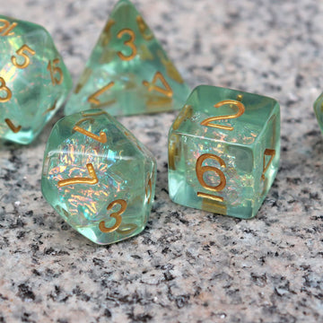 Haxtec Light Green DND Dice Set 7PCS Filled Resin Polyhedral D&D Dice W/Iridescent Mylar Inclusion for Roleplaying Games Dungeon