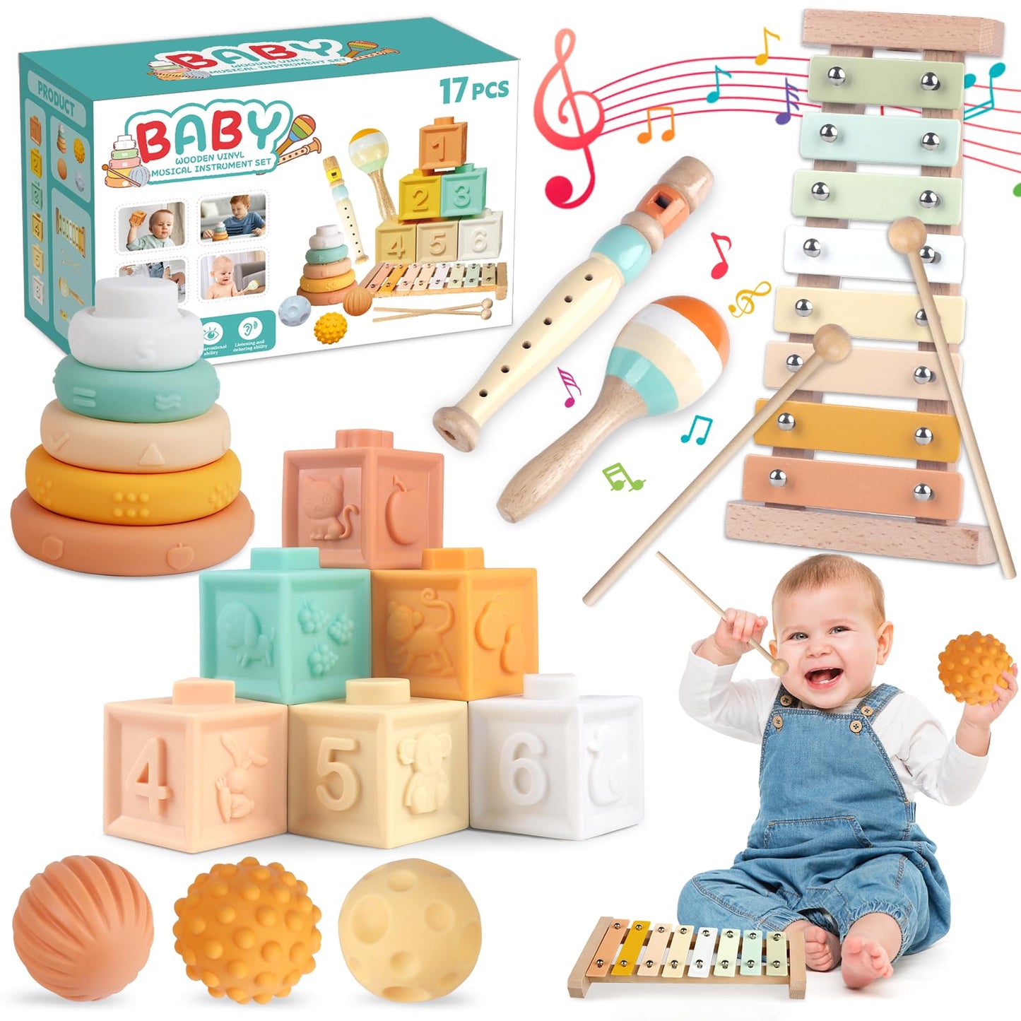 Montessori Baby Toys for 6-12 Months 1+ Year Old 6 in 1 Musical Instruments for Toddler Stacking Blocks Rings Development Learning Educational Toy with Wooden Xylophone for 1 Year Old Boys Girls