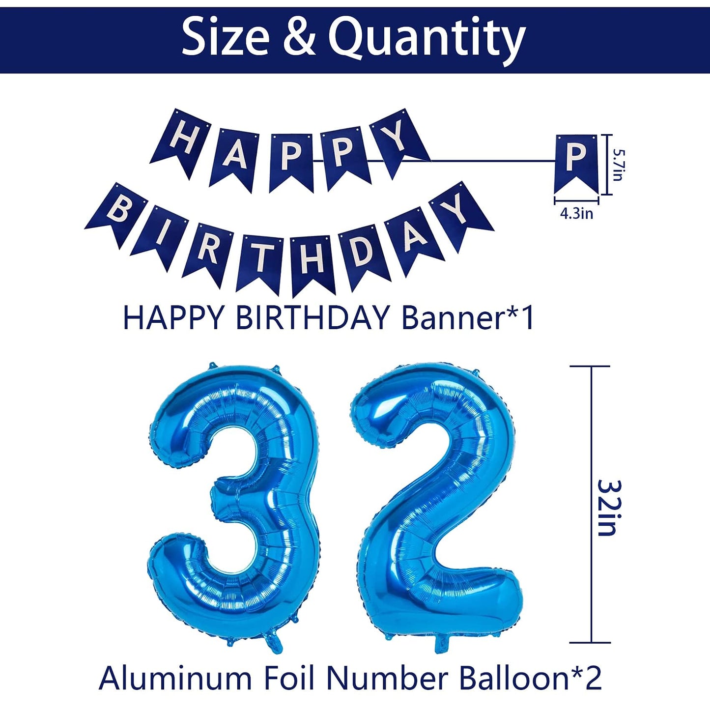 Naninuneno 32Nd Blue Birthday Party Decorations For Boy Girl Men Women, Happy 32 Birthday Balloons Supplies With Happy Birthday