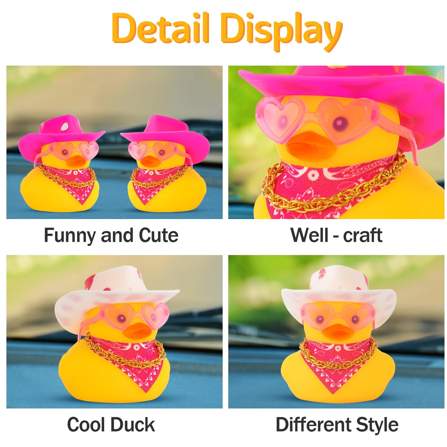 Wonuu Car Rubber Cowboy Ducks, Yellow Duck Decoration Dashboard With Cowboy Hat Necklace Sunglasses, Pink Spots White Cowboy