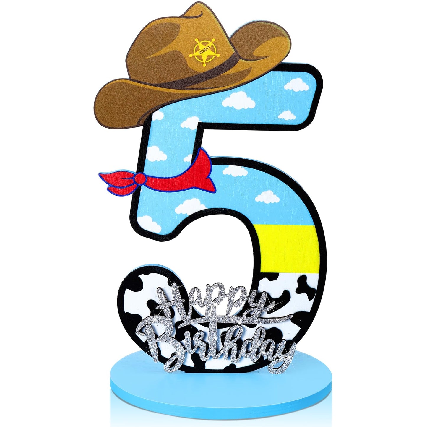 Vercraft Toy Theme 5th Birthday Party Number Centerpiece Cartoon Party Number Sign Blue Sky and White Cloud Cow Birthday Sign fo