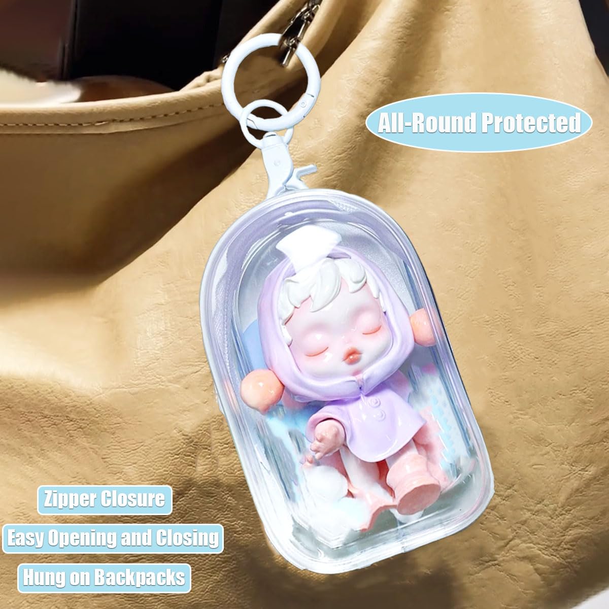 Zurtoki 2 Pcs Clear Figure Display Bag With Keychain,Clear Keychain Pouch,3.93'' X 2.36'' X 1.37'' Carrying Case For Doll,Dustpr