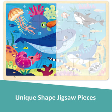 Moinkidz 24 Piece Puzzles For Kids Ages 3-5, Unique Shape Jigsaw Pieces Ocean Animal, Wooden Jigsaw Puzzle For 3 4 5 Year Old, Preschool Toddler Puzzle With Storage Tray