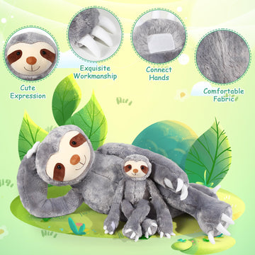 Libima 2 Pcs Large Sloth Stuffed Animal Plush 40In Mommy Stuffed Sloth Plush With 18In Babies Sloth Toys For Children Happy New