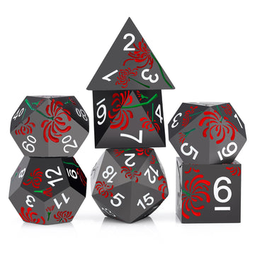 Pjoy Metal Dice Set D&D Flower Dice Set Dnd Polyhedral Dice For Rpg Role Playing Games Dungeons And Dragons Ttrpg Black Red Whit