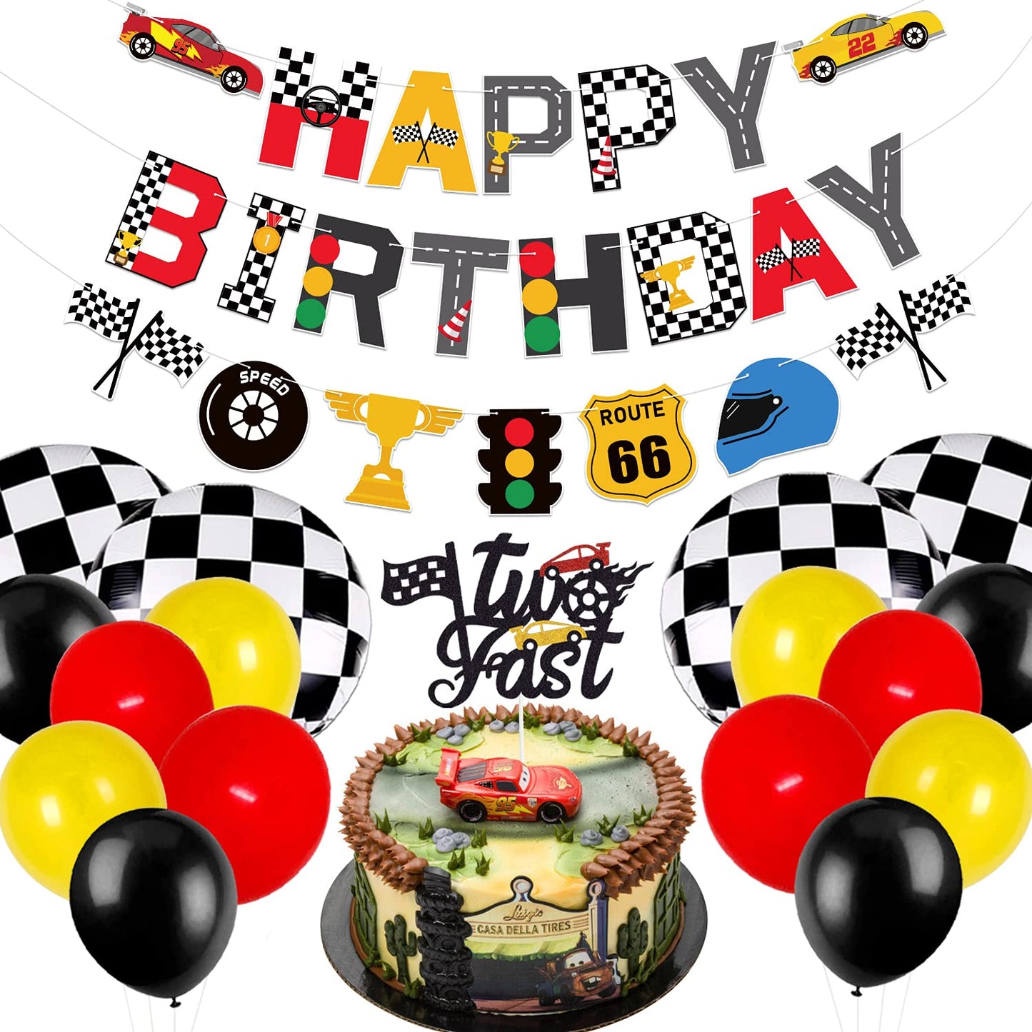Race Car Two Fast Birthday Party Decorations, Birthday Banner And 2Nd Cake Topper Racing Chequered Flag Balloons Let'S Go Racing Theme Party Supplies