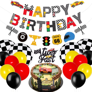 Race Car Two Fast Birthday Party Decorations, Birthday Banner And 2Nd Cake Topper Racing Chequered Flag Balloons Let'S Go Racing Theme Party Supplies