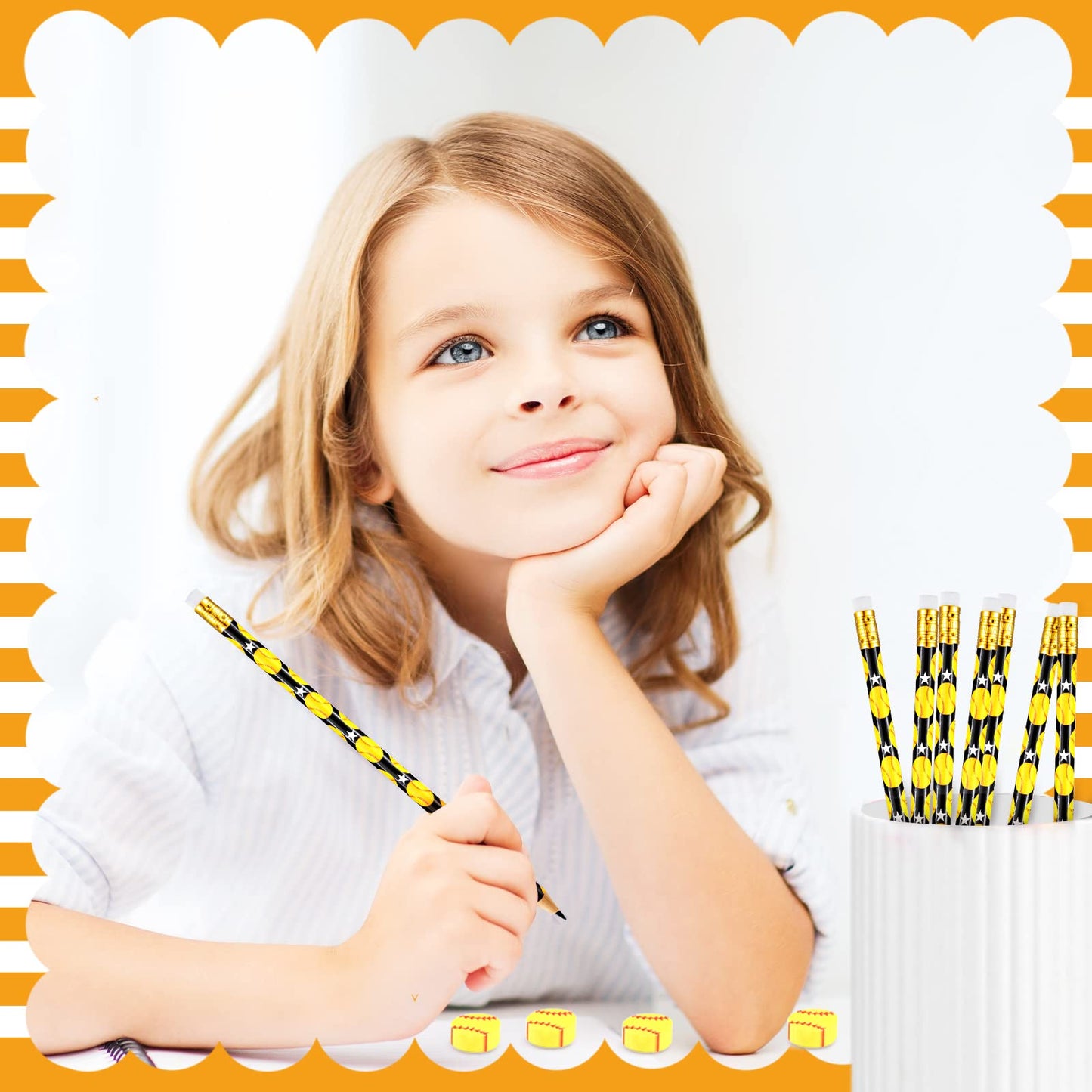 Tinlade 72 Pcs Sports Pencils And Erasers For Kids Fun Wooden Pencils For Kids Boys Sports Themed Birthday Party Favors Students Stationery Party School Office Supplies(Softball)