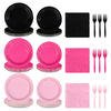 Grencian 96 Pcs Pink and Black Birthday Decorations Hot Pink Party Plates and Napkins Disposable Heavy Duty Pink and Black Table
