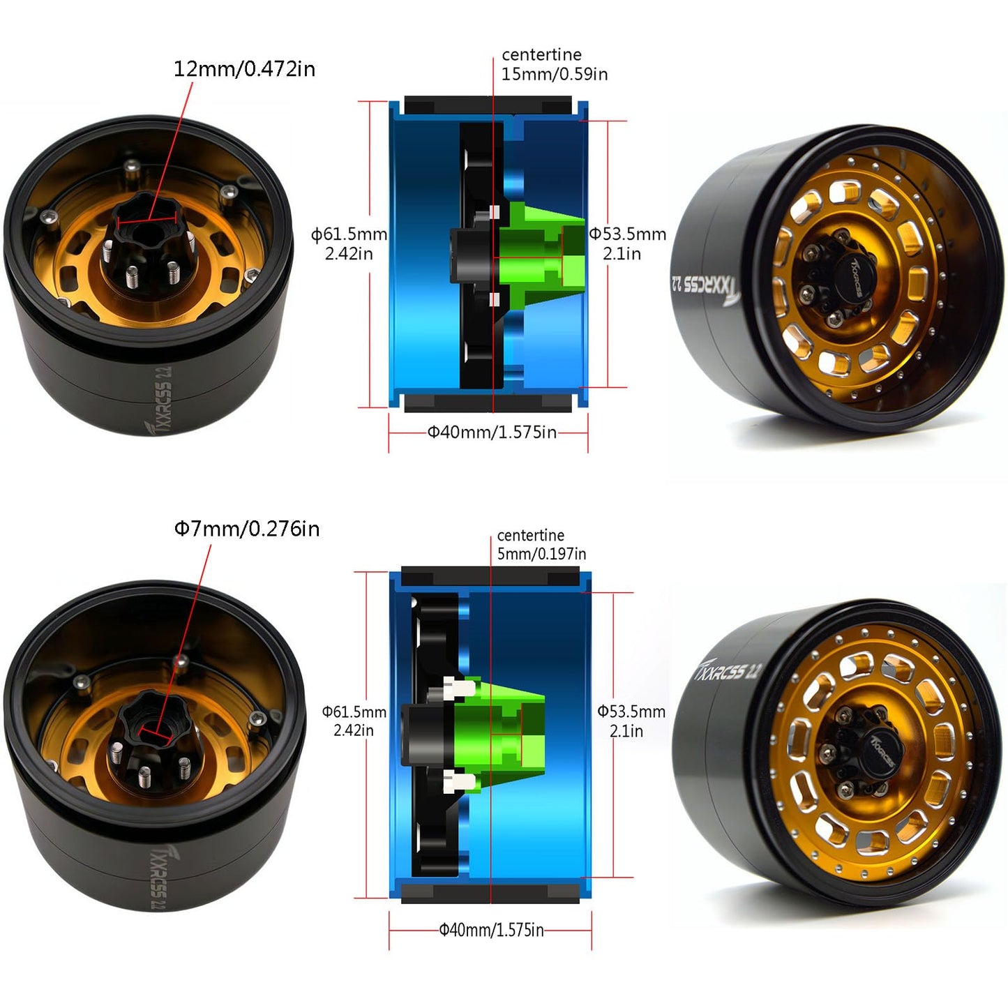 Txxrcss Rc 2.2 Beadlock Wheels Adjustable 2 Offsets Rims Hub For Aluminum Upgrades 1/10 Crawle Car Wheel And Tires Remote Contro