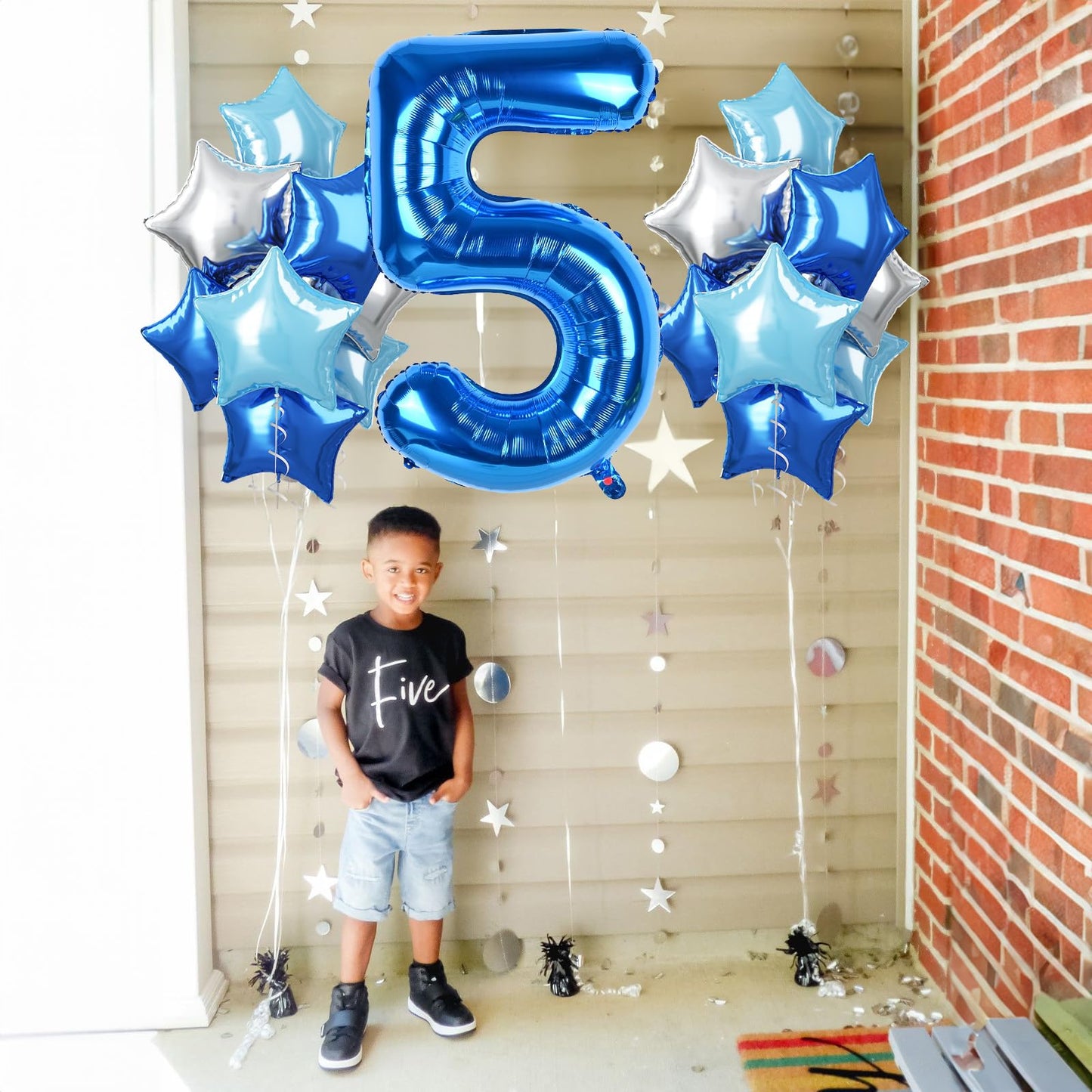 5Th Birthday Balloon For Boys, Big Self Inflating Dark Light Blue Silver Star Number 5 Balloons Decor, 40 Inch Royal Pastel Baby