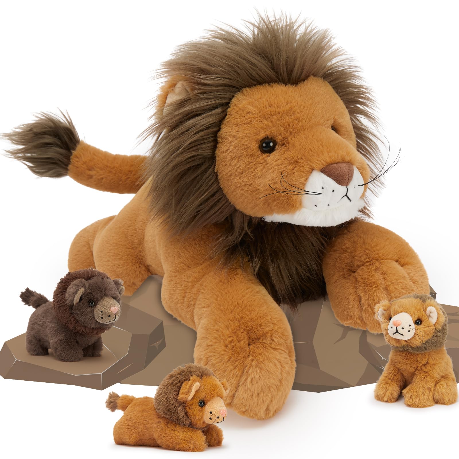 Maogolan Lion Stuffed Animal Set,Big Lion Plush With 3 Babies Inside,4 Pcs Stuffed Lion Toy For Kids,Birthday Decor