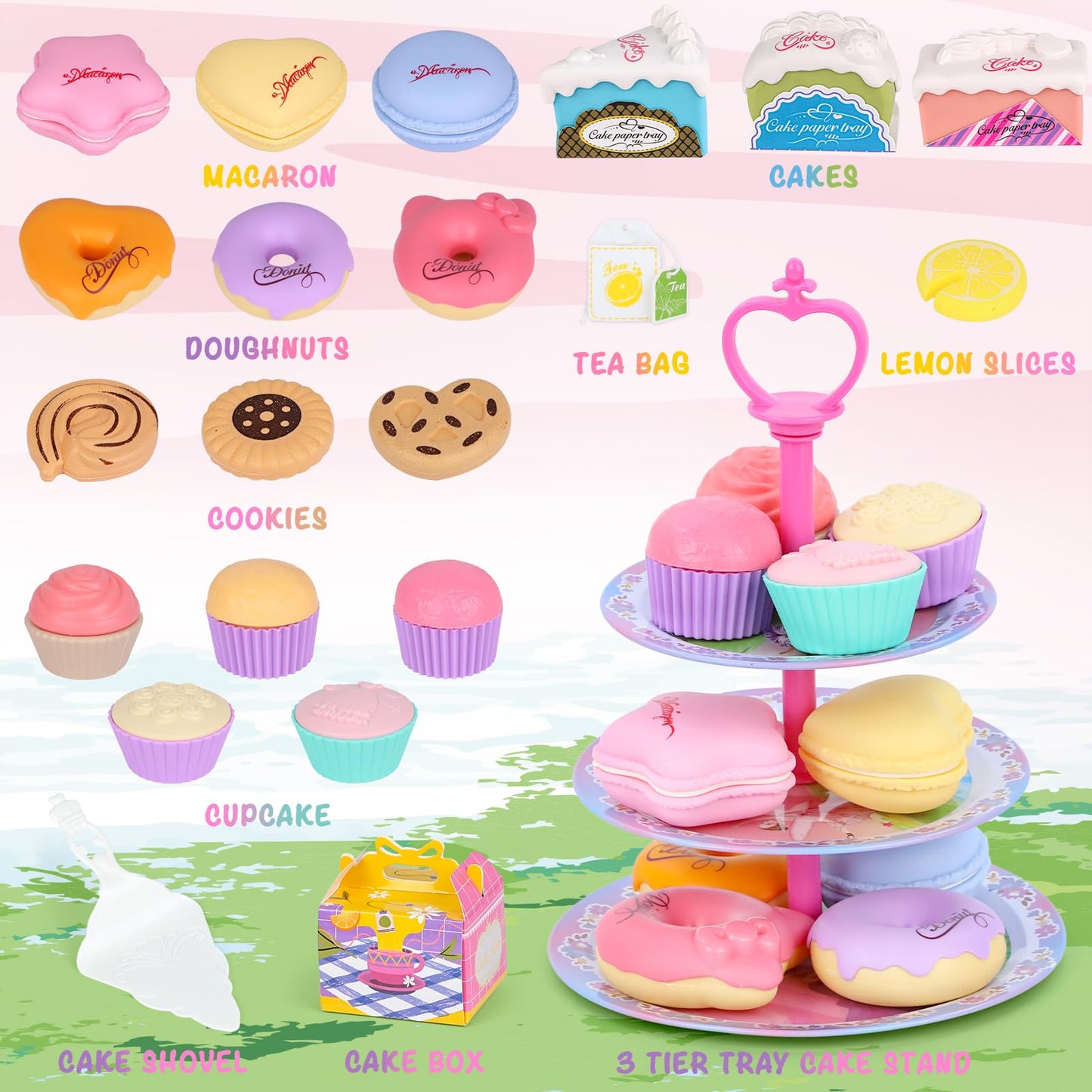 Tea Party Set for Toddles 3-5,53PCS Musical Kids Tea Set for Little Girls with Dessert,Cookies,Doughnut,Cake,Cake Stand,Tableclo