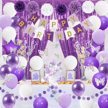 Purple and White Birthday Decorations, Purple Party Supplies with Tissue Pom Pom Flowers, Happy Birthday Banner, Matte Foil Frin