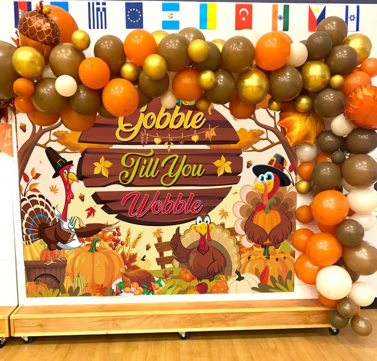 Gobble Till You Wobble Banner Backdrop 8x6FT Fall Maple Leaves Pumpkin Turkey Friendsgiving Photography Background Funny Rustic