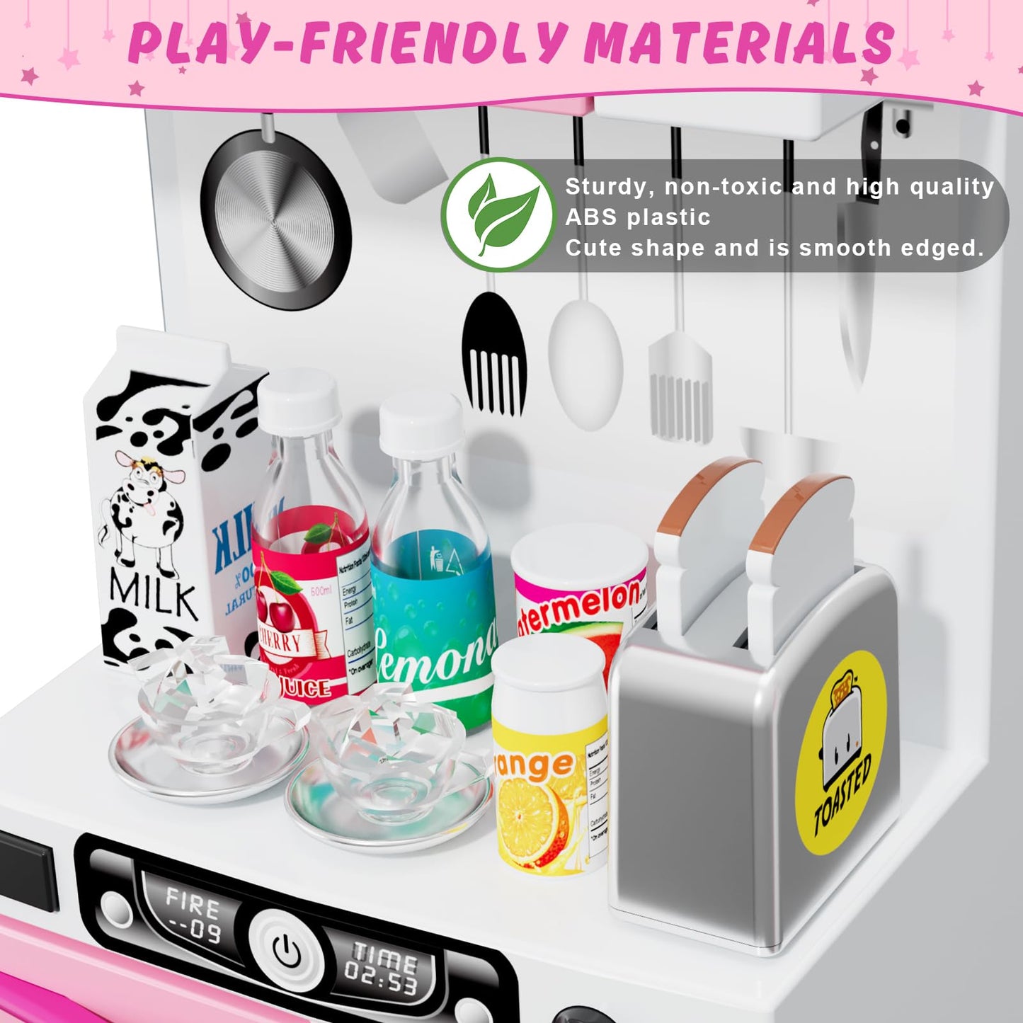 Wee Wonders 57 PCS Kitchen Playset for Girls, 5-in-1 Toddler Mini Kitchen with Realistic Lights & Sounds, Doll Kitchen House Toy