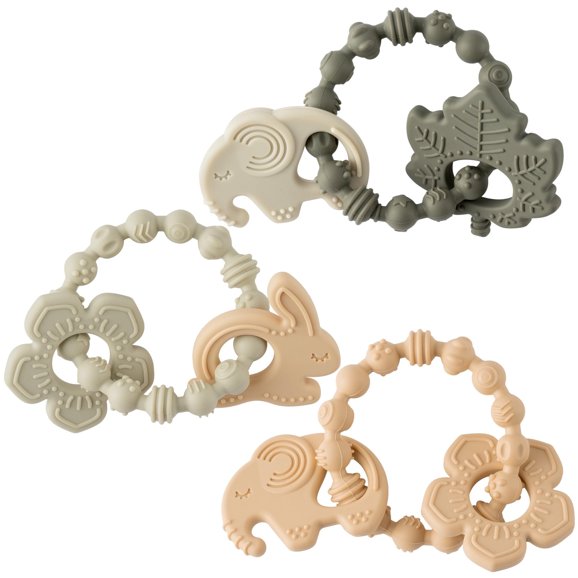 Silicone Teether Toys for Babies - 2ooya 3Pcs Animals Themed Teething Ring, Flower Leaves Baby Sensory Chew Toys with Rattles fo