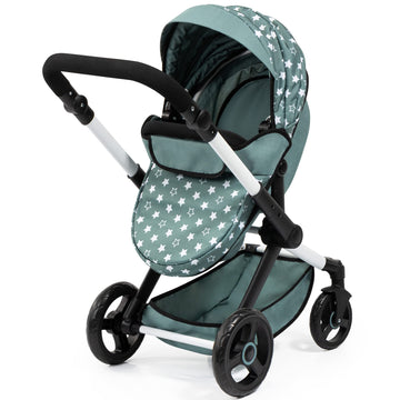 Bayer Design Dolls: Pram Xeo: Stars Green & White - Matching Handbag, Adjustable Handle, For Dolls Up To 20'', Ages 3+