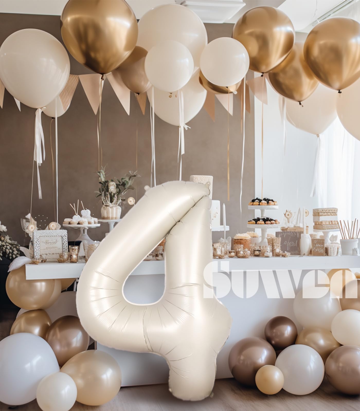 Suwen Cream White 40 Inch Number Balloon 4, Safe Material, Jumbo Birthday Party Decorations For Boy Or Girl Anniversary Supplies