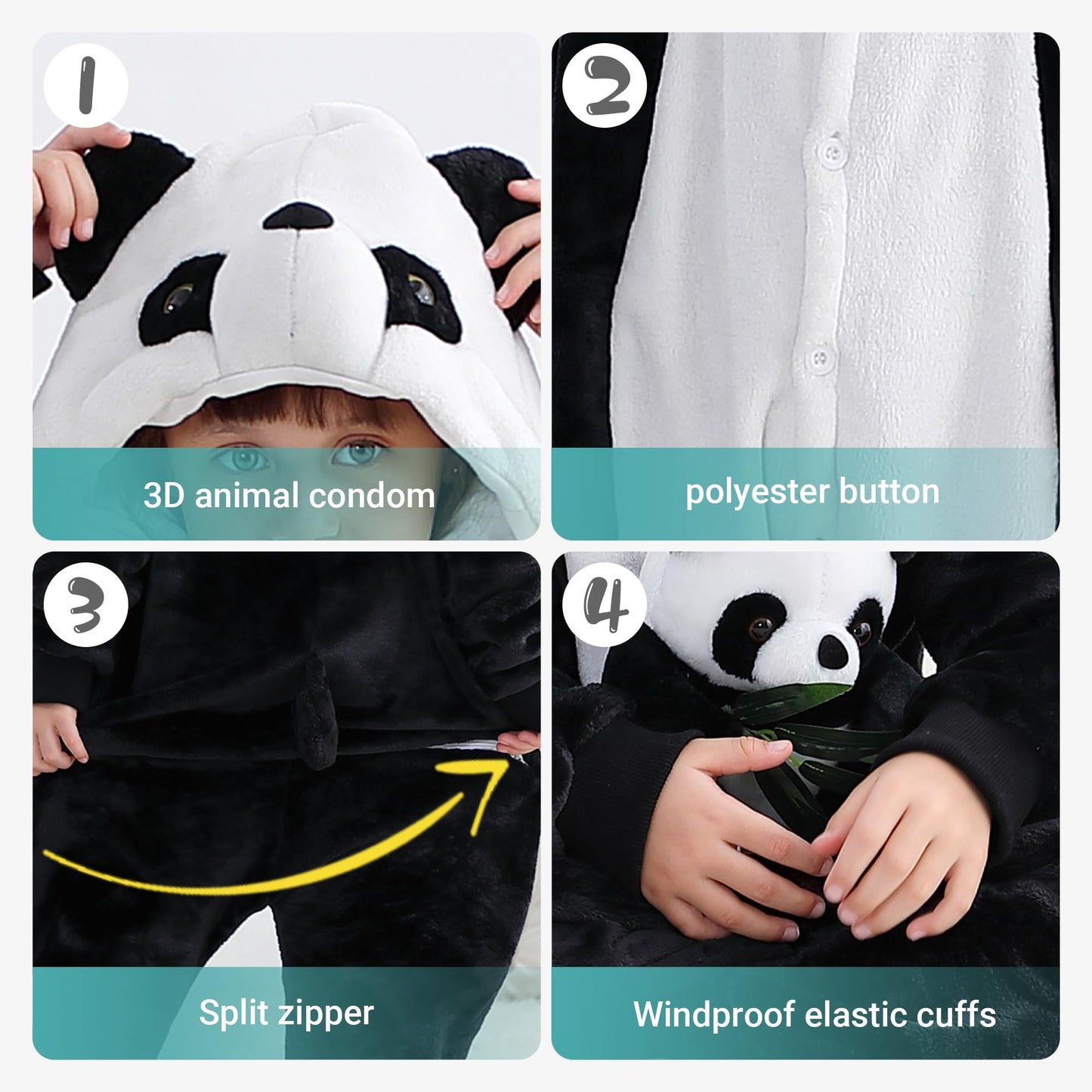Michley Animal Hooded Romper Kids Flannel Halloween Cosplay Pajamas Costume 3-12T For Autumn Winter, Panda, 7-8T, Size120