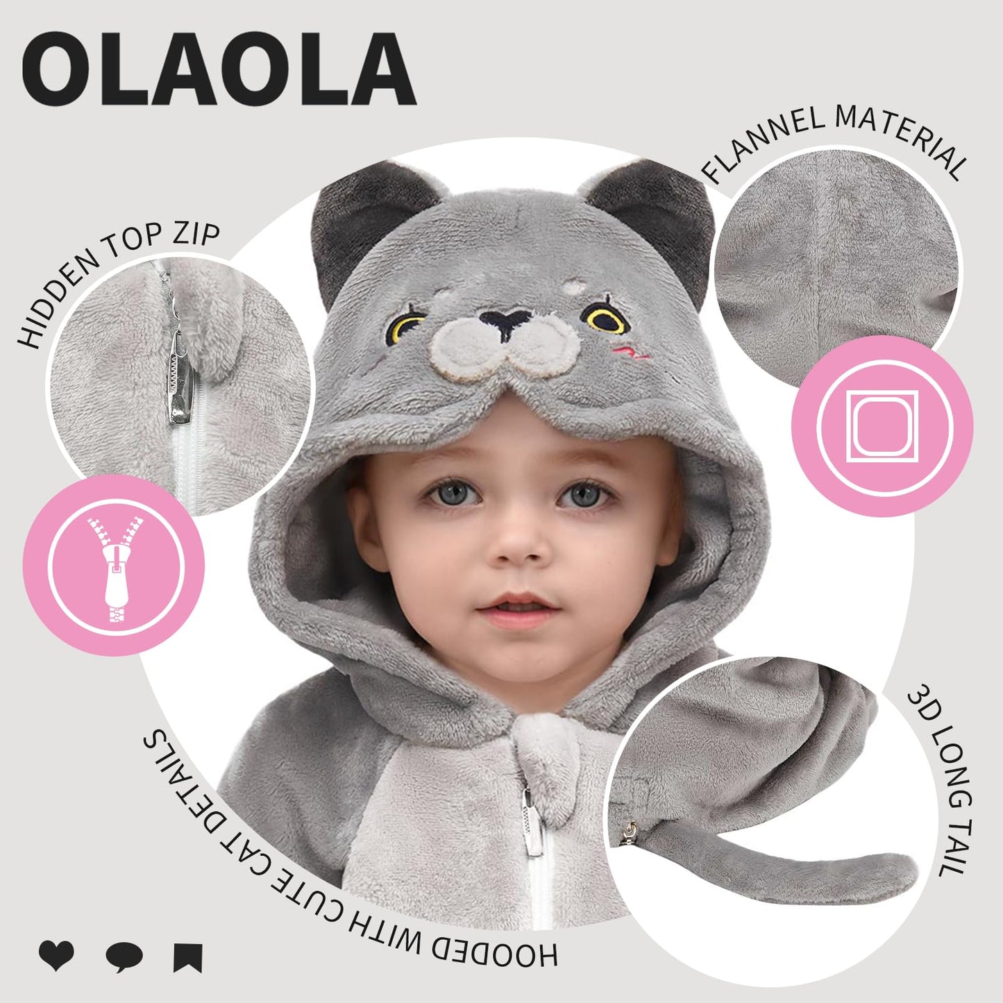 OLAOLA Baby Animal Costume Onesie, Unisex Toddler British Shorthair Cat Romper, Plush Cosplay Dress Up Infant Outfits Halloween