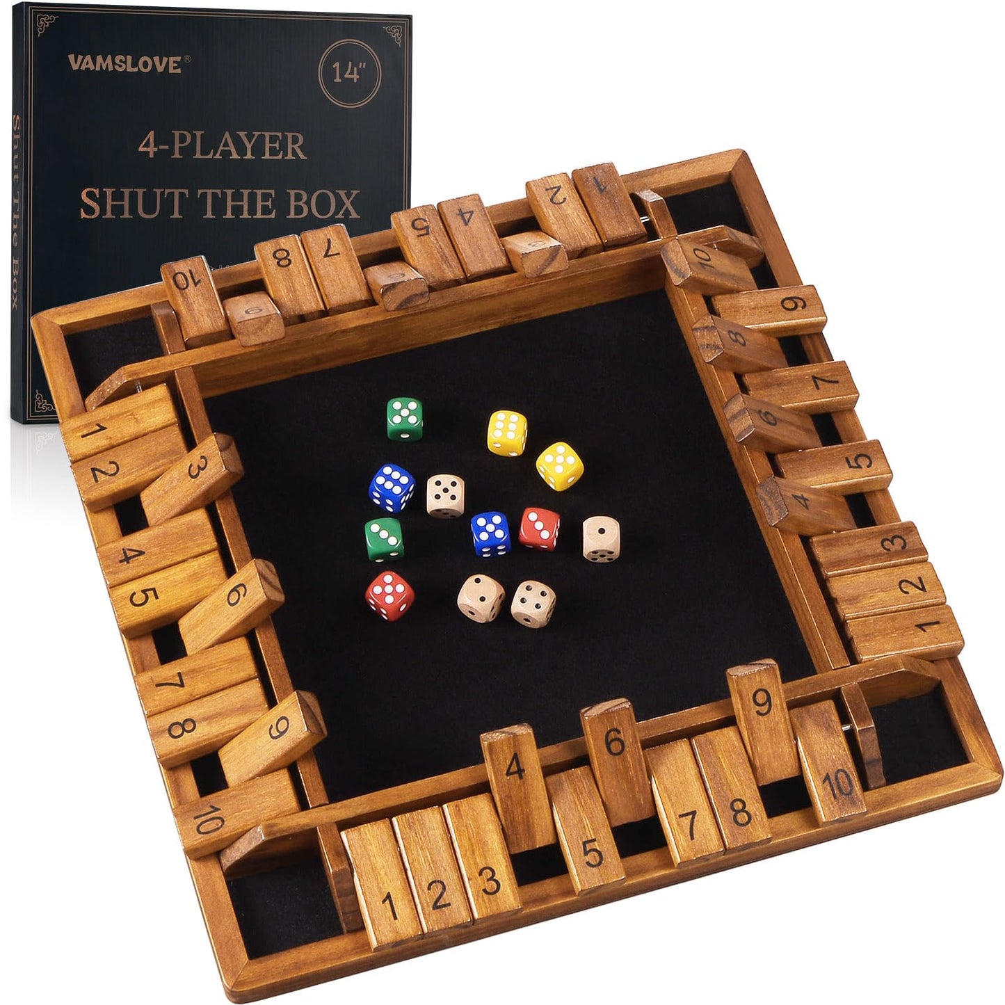 VAMSLOVE Upgraded 14 inches Shut The Box Dice Game Wooden Board Table Math Game with 8+4 Dice for 2-4 Player 4-Sided 10 Number Close The Box for Kids and mature-themed-Instruction Included