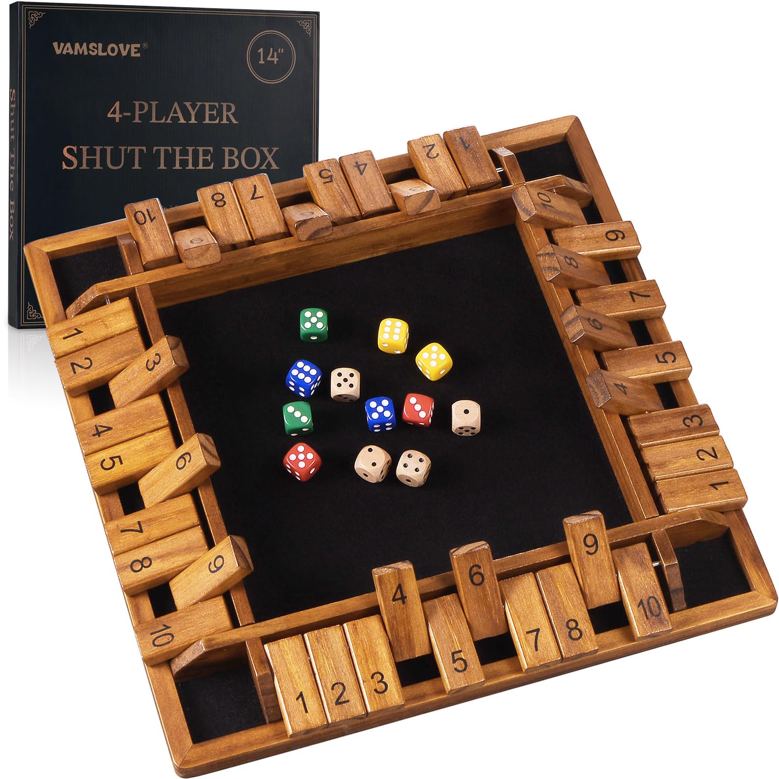 VAMSLOVE Upgraded 14 inches Shut The Box Dice Game Wooden Board Table Math Game with 8+4 Dice for 2-4 Player 4-Sided 10 Number Close The Box for Kids and mature-themed-Instruction Included