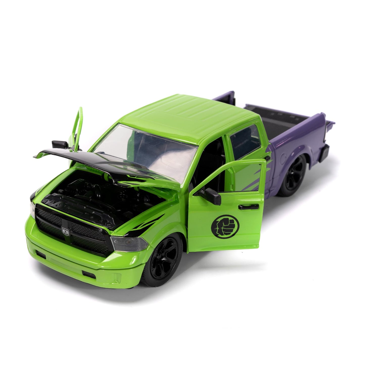 2014 RAM 1500 Pickup Truck Green and Purple and Hulk Diecast Figure Marvel Avengers Hollywood Rides Series 1/24 Diecast Model Ca