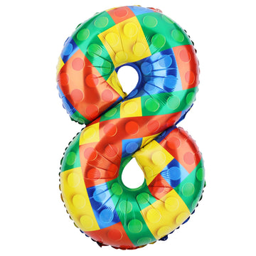 32 Inch Building Block Number Balloon, Colorful Number Block Foil Balloons Helium Balloon Numbers For Birthday Brick Theme Party Decorations (Number 8)