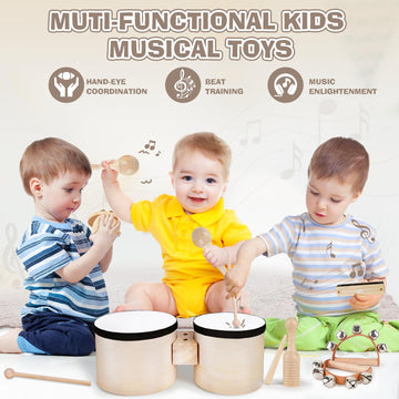 Drum Set For Toddlers 1-3, Wooden Musical Instruments Toys For 1 Year Old Girls Gifts, Montessori Toys For Babies 6-12-18 Months With Bongo Drum, One First Christmas Birthday Gifts For Boys Age 2-4