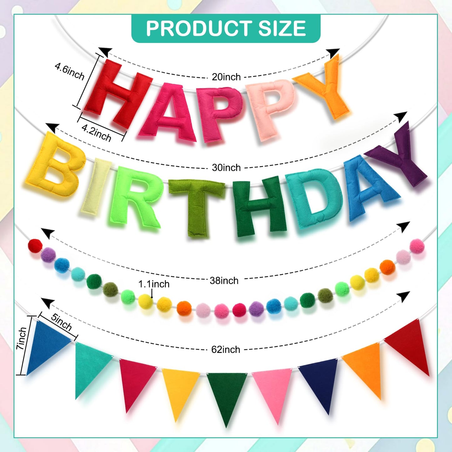 Pre-Strung Happy Birthday Banner, Felt Ball Garland HAPPY BIRTHDAY Garland, Rainbow Birthday Decorations Birthday Decor Party Pe