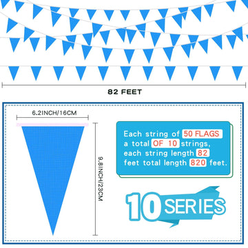 Tatuo 820 Ft 500 Pcs Pennant Banner Flag String Hanging Triangle Bunting Flag For Party Celebration Holiday Wedding Decoration, 10 Set (Blue)