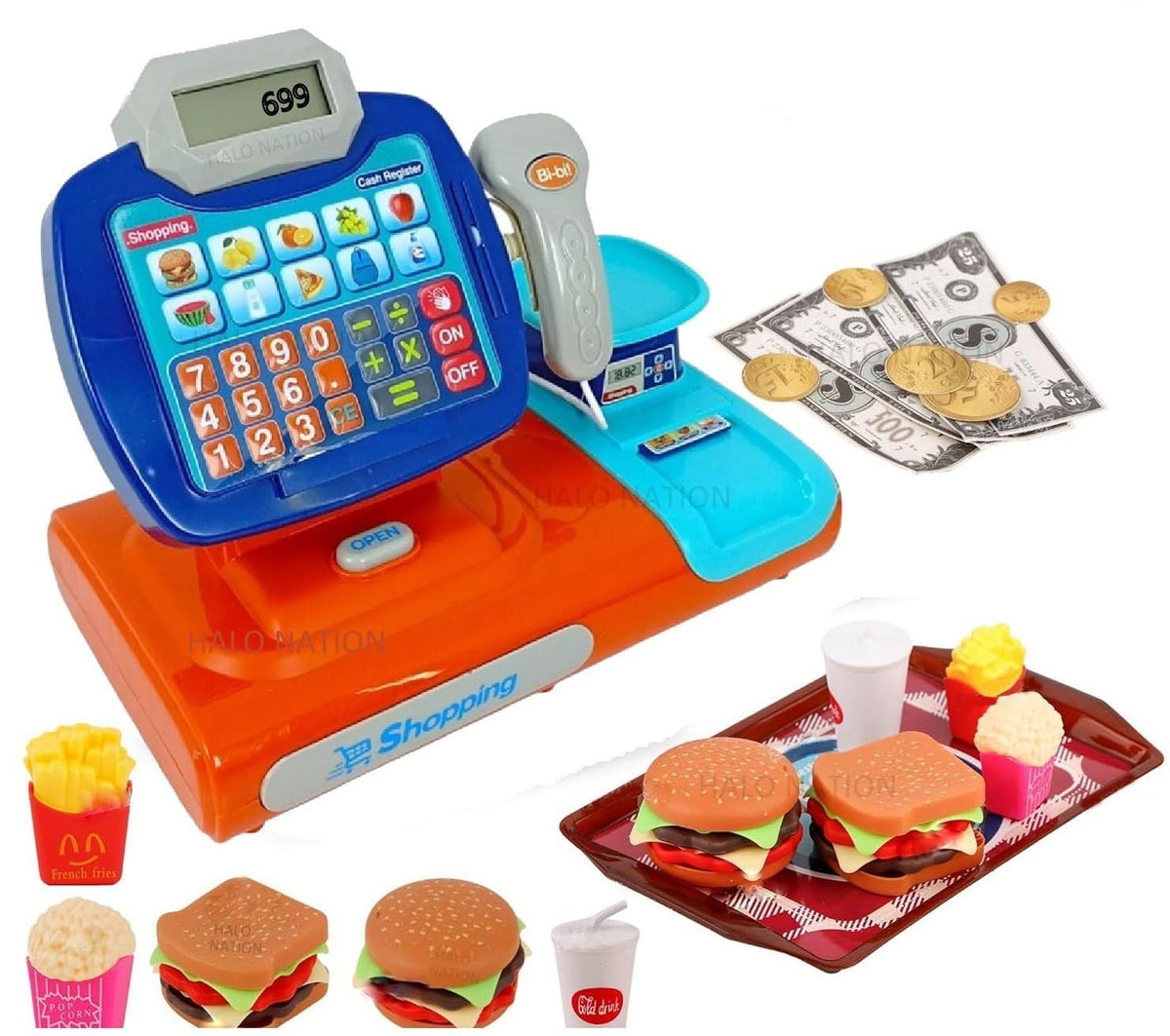 HALO NATION Cash Register Toy Supermarket Billing Counter Shopping Toy for Kids Pretend & Play with Snacks Card Reader Simulator