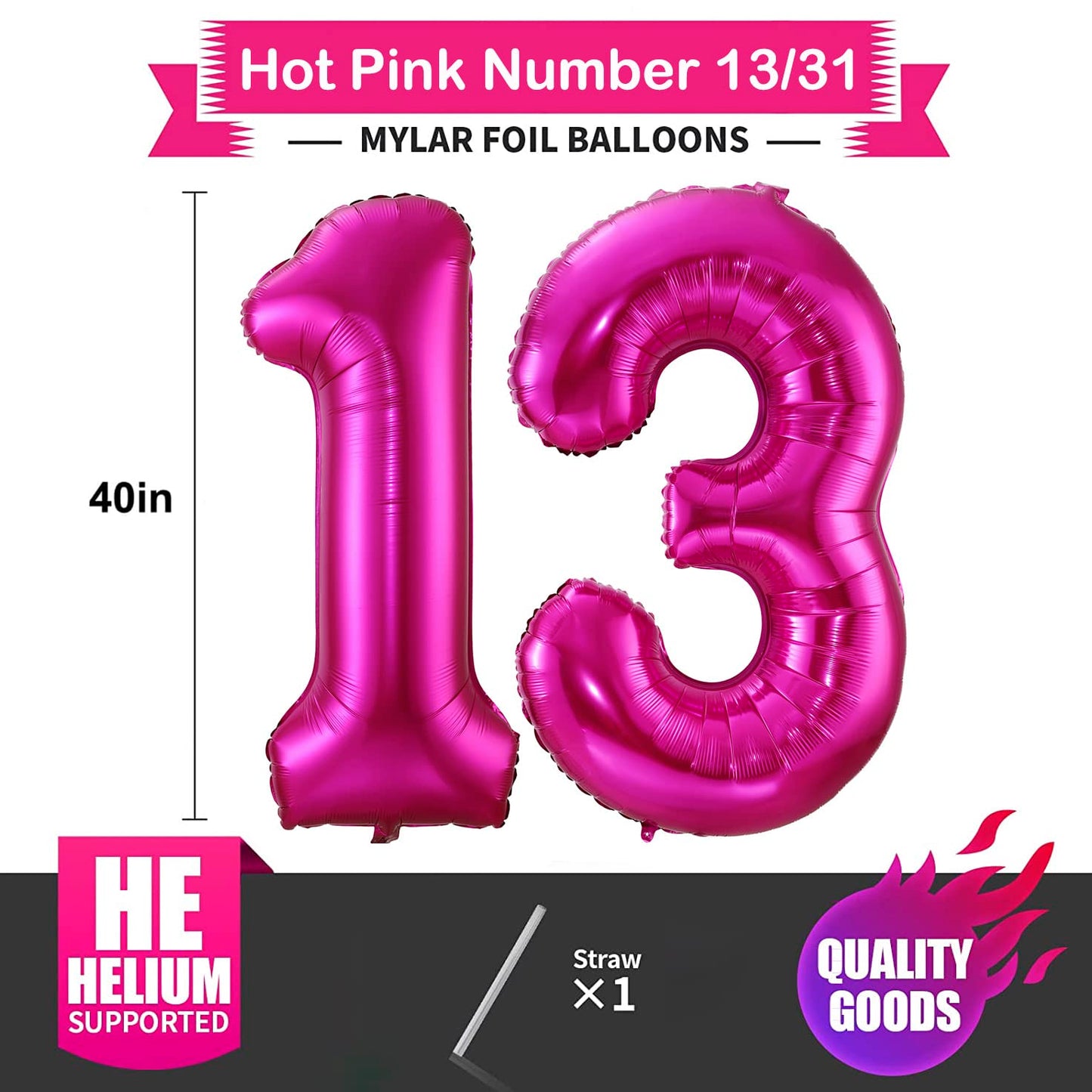 BBPOOL Hot Pink 40 Inch Number 13 Balloon - Foil Mylar for Birthdays & Anniversaries