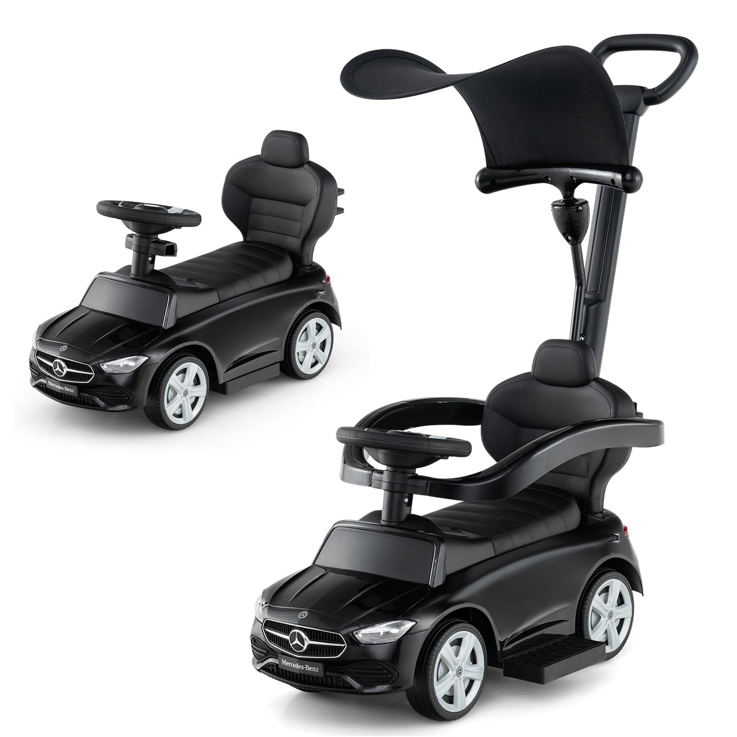Costzon Push Car for Toddlers  3 in 1 Mercedes Benz Stroller Sliding Walking Car w/Canopy  Handle  Safety Bar  Horn Sound  Underneath Storage  Foot-to-Floor Ride On Toy for Boys & Girls (Black)