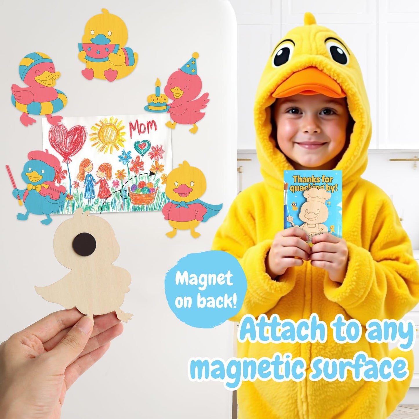 12 Pack Duck Party Favors for Kids - Individually Wrapped Paint Your Own Wooden Magnet Craft Kits with Thank You Card, Duck Birt