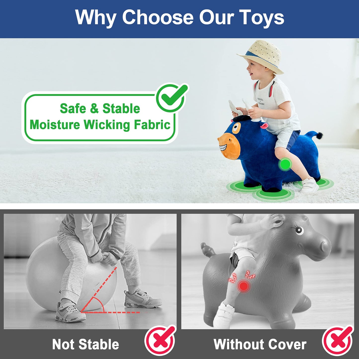 iPlay, iLearn Bouncy Pals Bull Hopping Horse - Plush Inflatable Ride-On Toy, Medium, Blue, Model 850006959389, Perfect for Kids 18 Months to 5