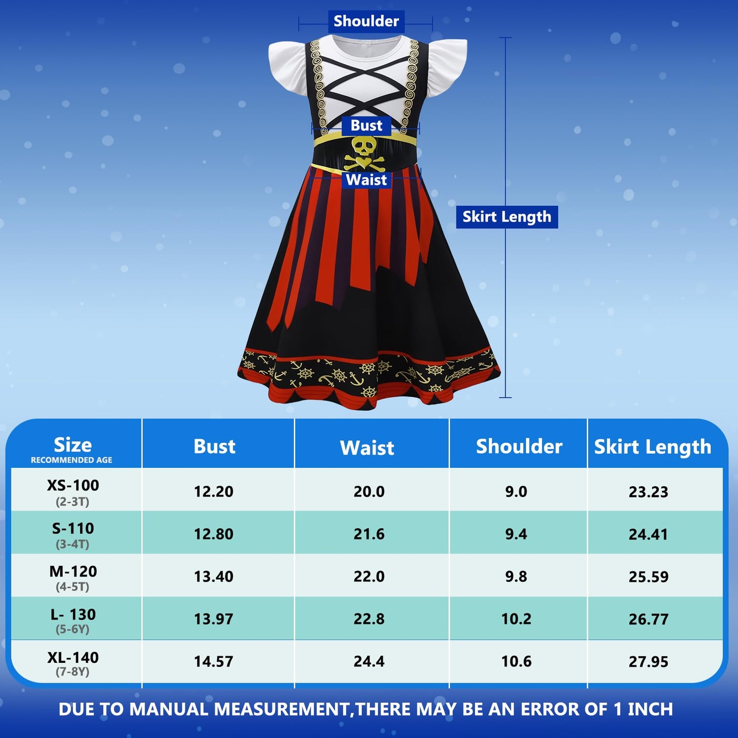 Mizzuco Girls Pirate Dress Toddler Buccaneer Costume Kids Dance Skirt Birthday Party Halloween Role Play Outfits (Black,110Cm/4-