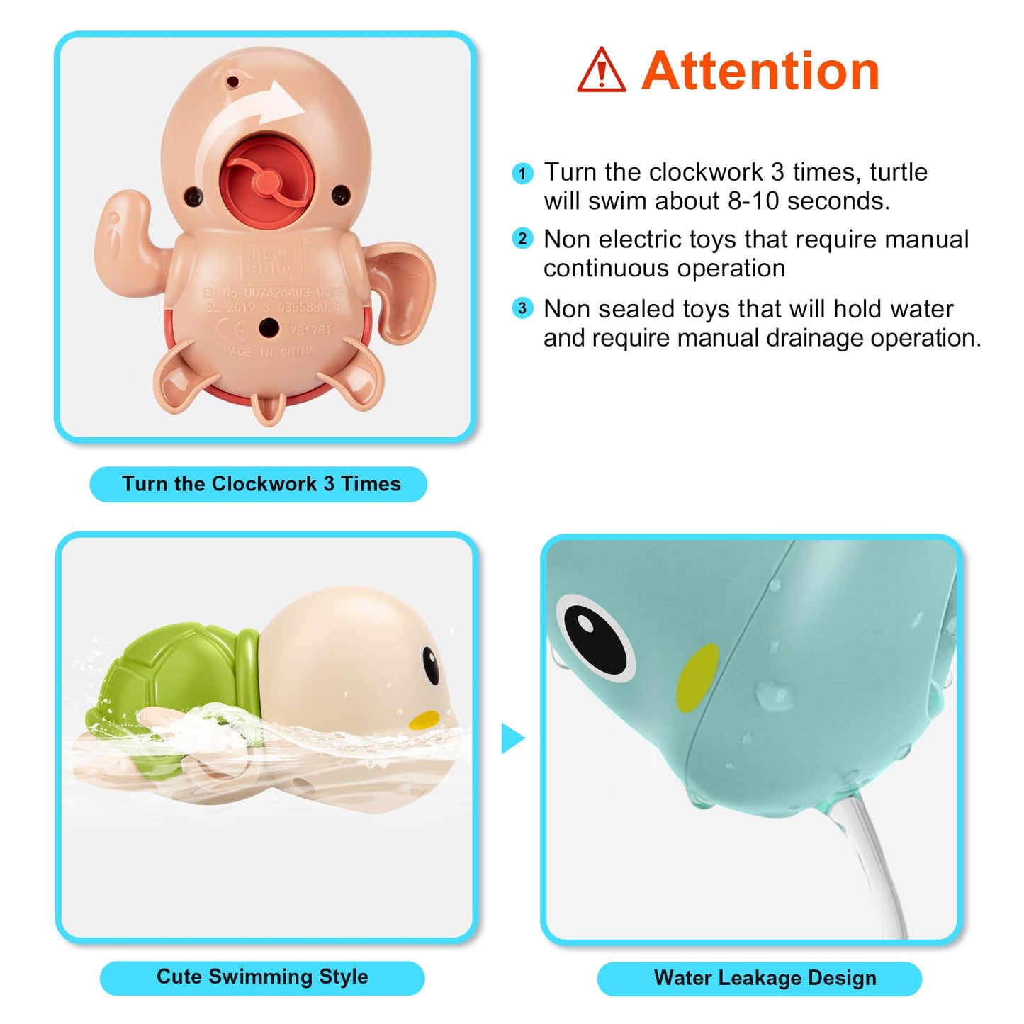 TOHIBEE Swimming Turtle Bath Toys - Blue Plastic Floating Toys for Toddlers 1-3 Years Old, Small Bathtub and Pool Fun