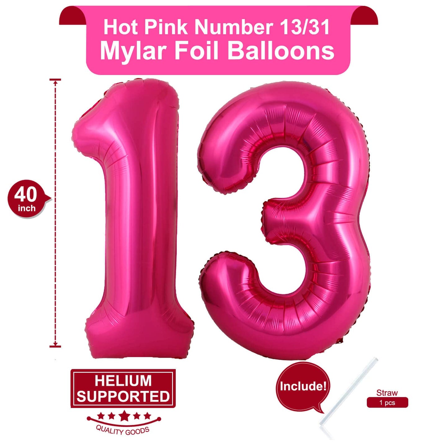 LHOAVWE 40 Inch Hot Pink Foil Mylar Number Balloons - Jumbo 13th & 31st Birthday Party Decorations