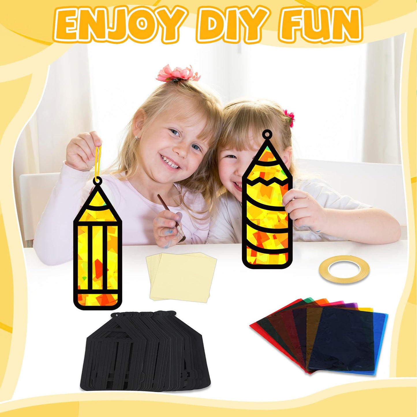 32 Sets Back to School Pencil Suncatchers Craft Kit DIY Window Stained Glass Effect Pencils Paper Crafts for Home School Classro