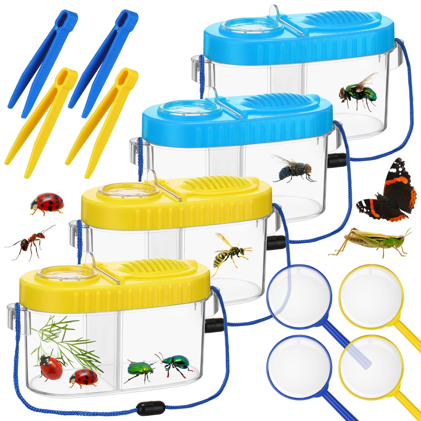 Halloscume 4 Sets Bug Collection Kit for Kids, Explorer Outdoor Kit with Bug Containers for Insects, Magnifying Glass, Tweezers,