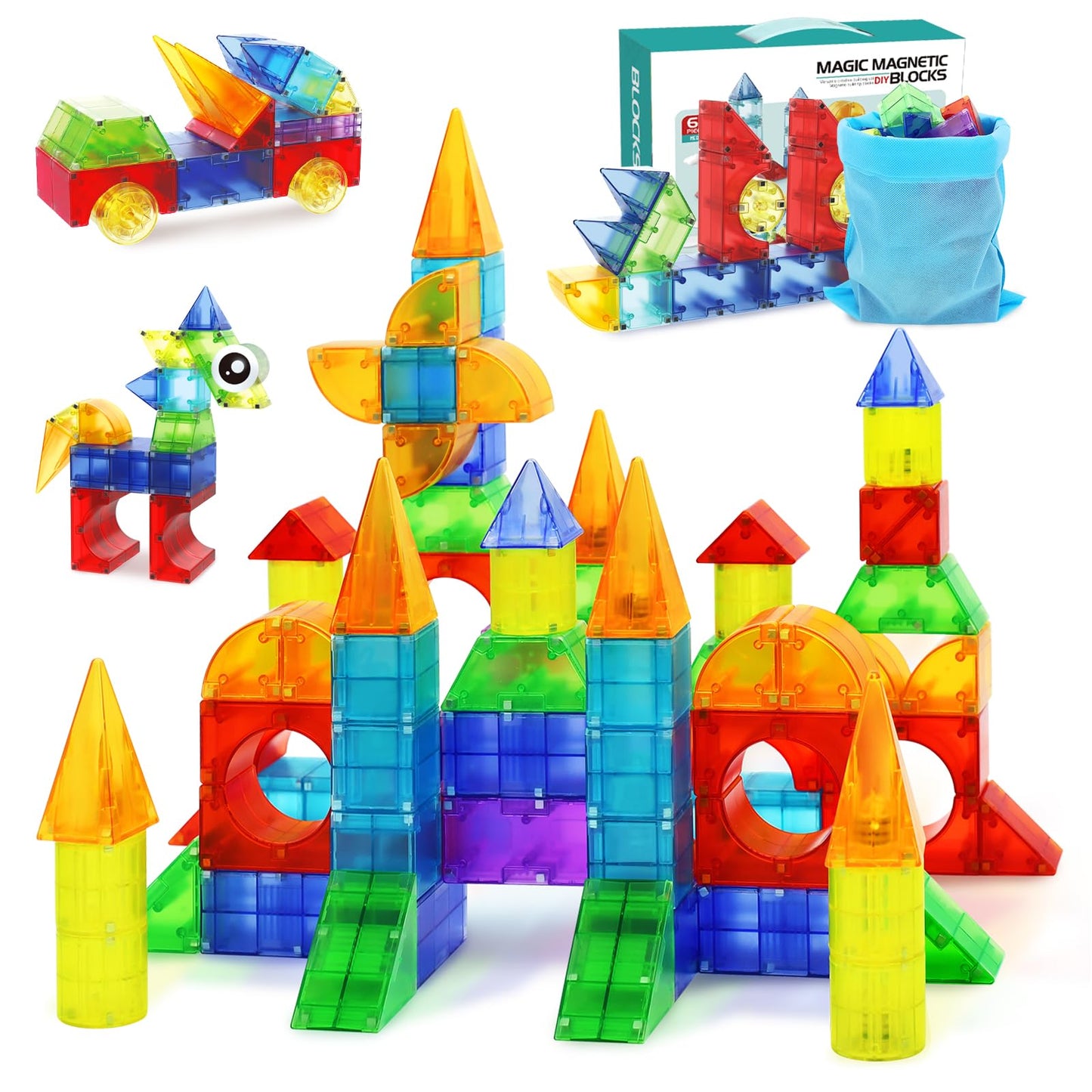 Huaker Magnetic Blocks,66 Pcs Translucent Building Toys For Toddlers 3+,Multi Shape Magnet Building Blocks Stem Preschool Montessori Sensory Toys For 3 4 5 6 Year Old Kids Boys Girls